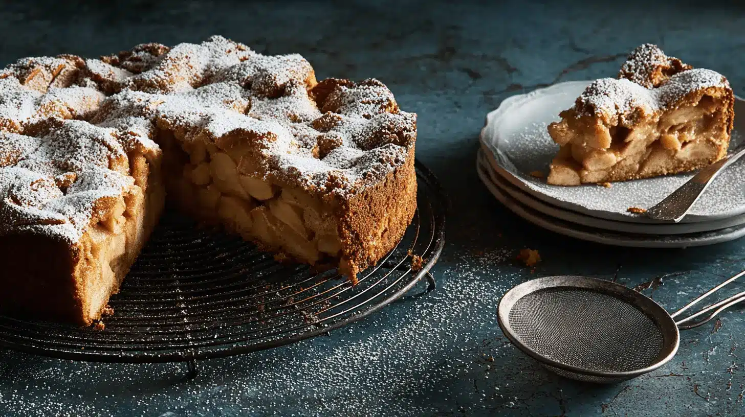 Rustic apple cake with powdered sugar and a slice on a dark surface, perfect for exploring new apple cake recipes.