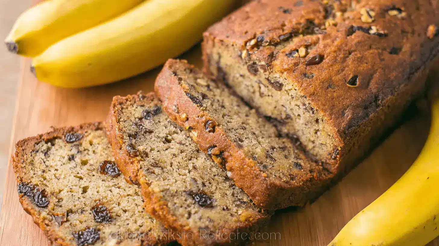 Deliciously baked banana bread, sliced and served with ripe bananas, showcasing the perfect result of a great banana bread recipe.