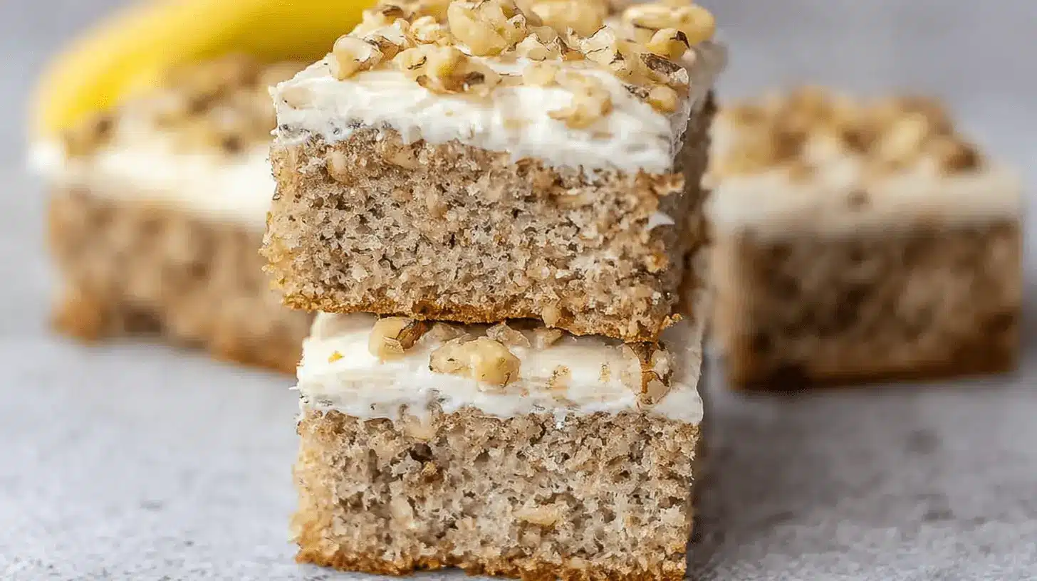 Moist banana cake recipe slices, generously frosted and topped with crunchy walnuts, presented on a light surface.