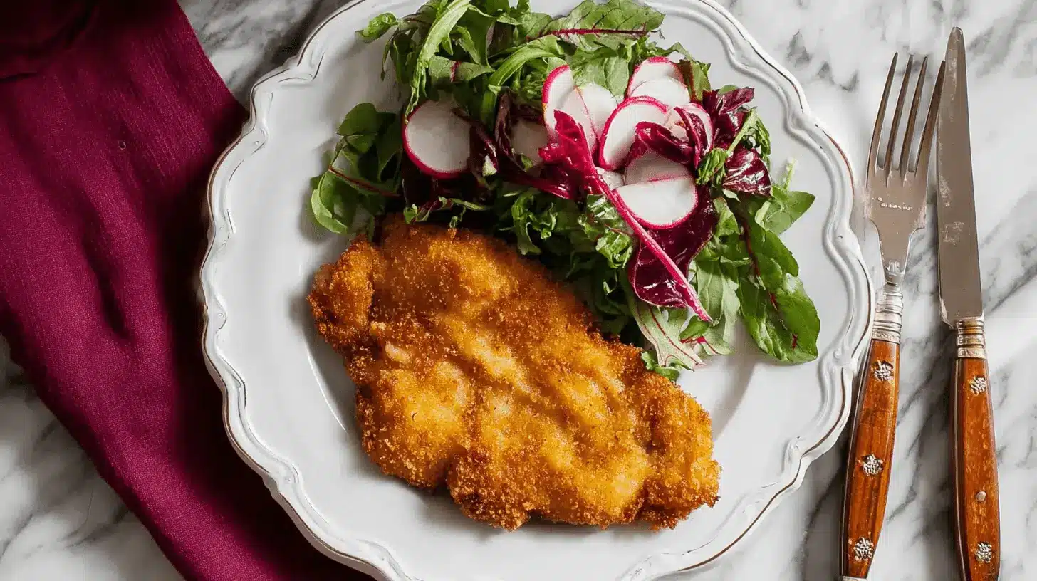 A perfectly fried golden-brown breaded chicken cutlet served with a fresh green and radish salad on an elegant white plate, highlighting a delicious chicken cutlet recipe.