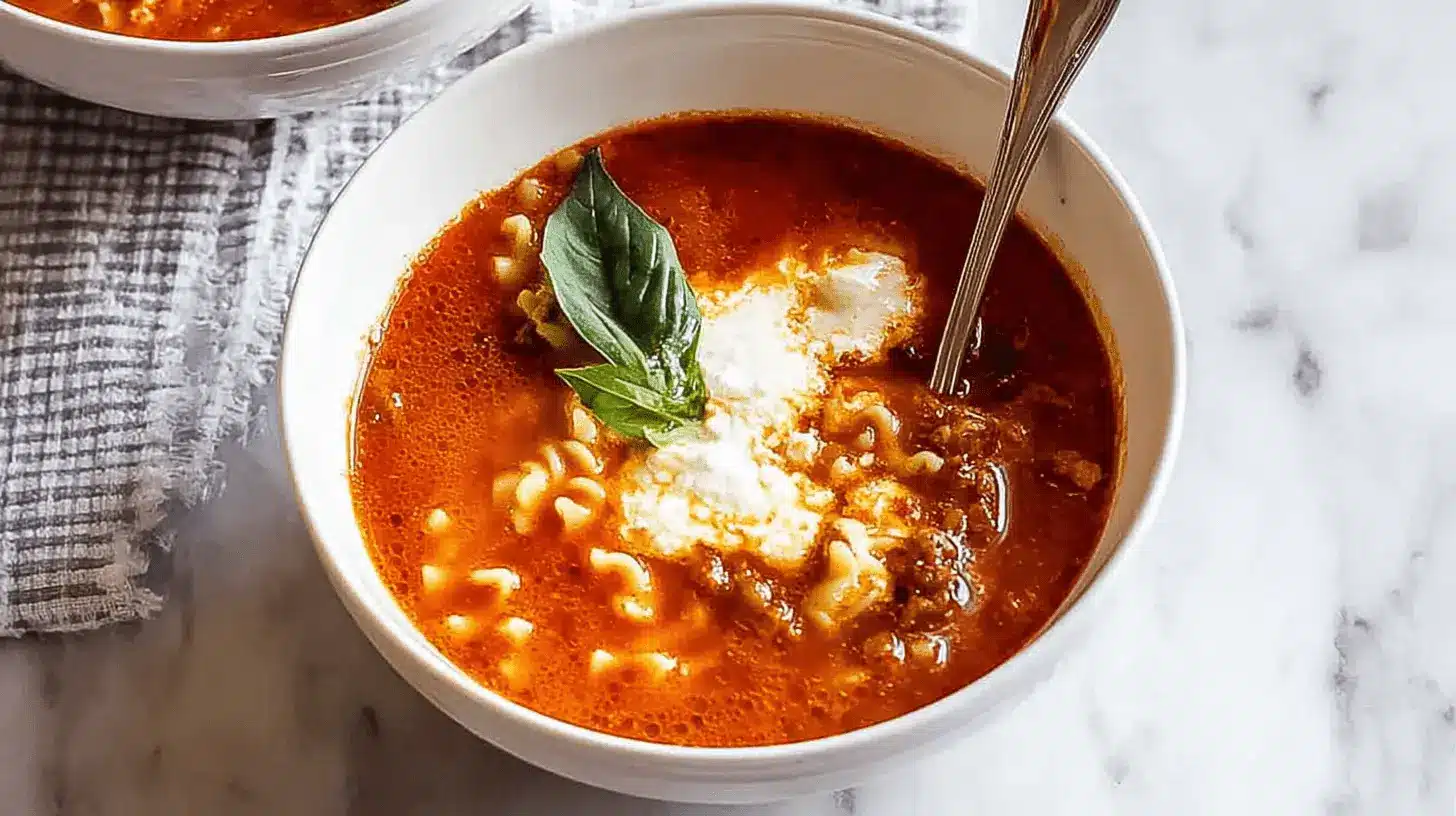 Hearty bowl of lasagna soup recipe with ricotta and fresh basil on a marble surface.