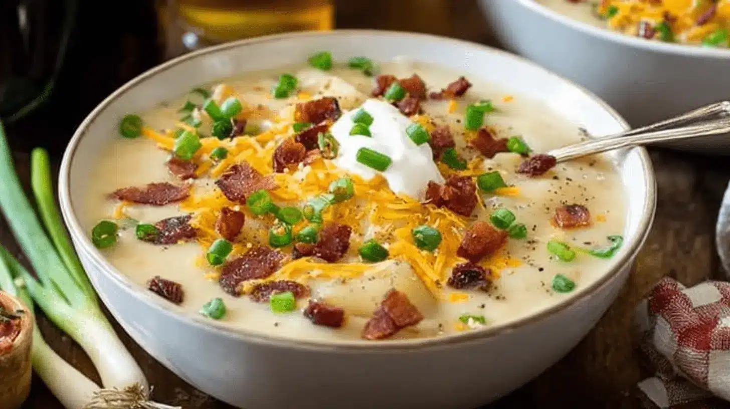 Close-up of a hearty, creamy potato soup recipe topped with crispy bacon, melted cheddar cheese, and fresh green onions, ready to be enjoyed.