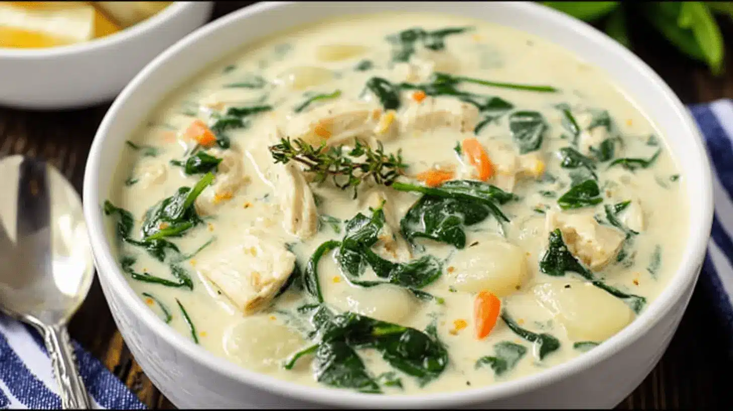 A close-up, top-down view of a creamy bowl of copycat chicken gnocchi soup, featuring chicken, gnocchi, spinach, and carrots, garnished with fresh thyme.