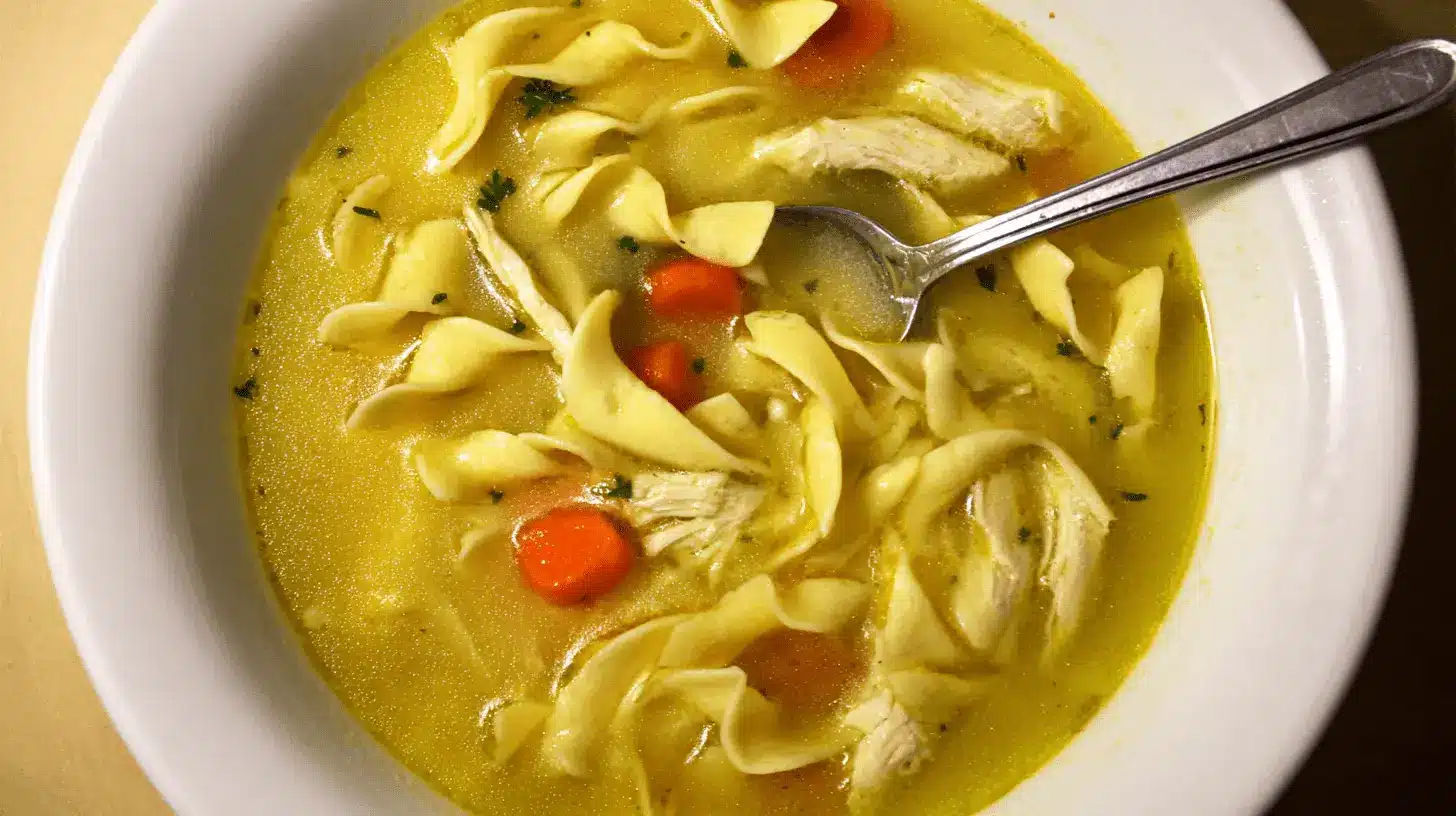 A top-down view of a steaming bowl of The Best Homemade Chicken Noodle Soup with wide egg noodles, shredded chicken, carrots, and fresh herbs, served with a silver spoon.