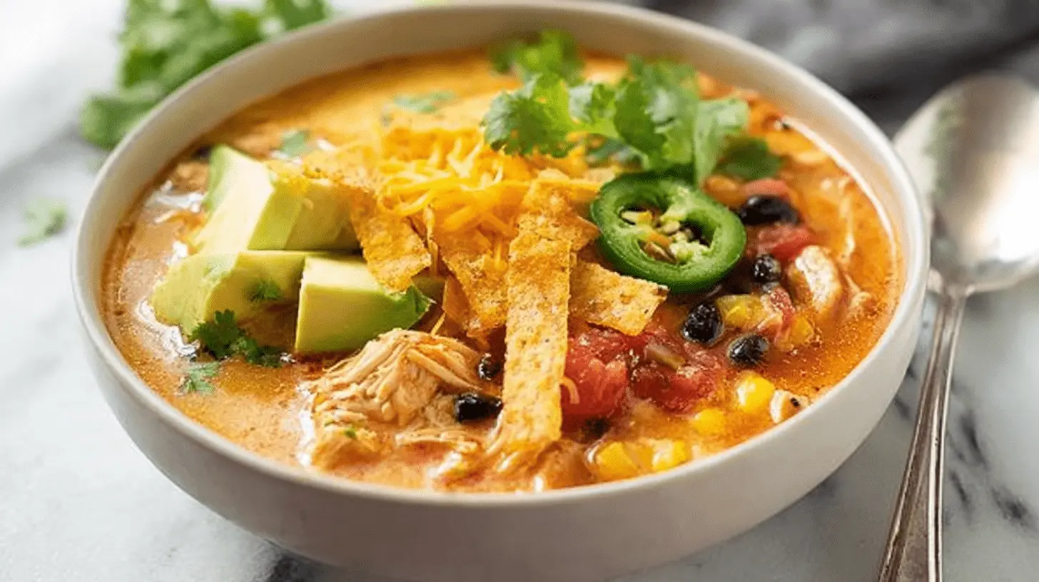 A vibrant bowl of creamy chicken tortilla soup topped with avocado, crispy tortilla strips, cheese, jalapeño, and fresh cilantro.