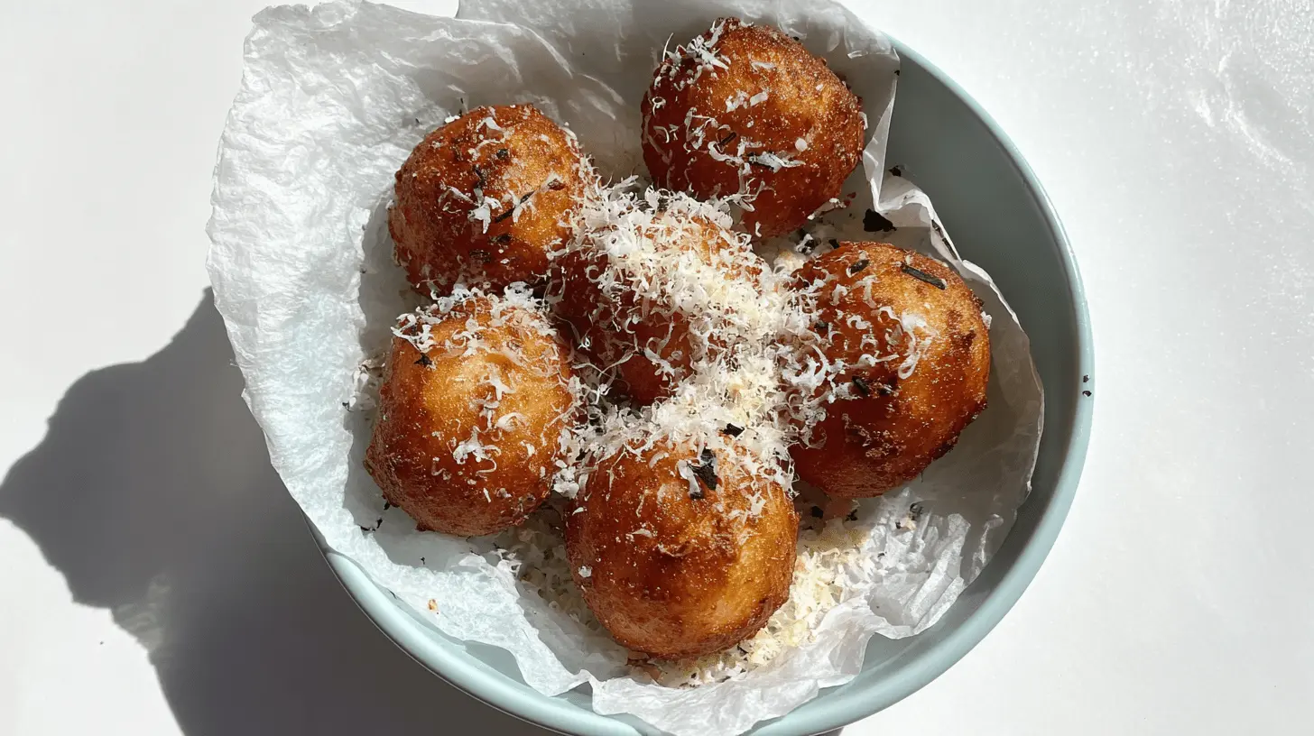 Close-up of golden-brown Crispy Potato Balls topped with grated Parmesan cheese and herbs in a teal bowl.