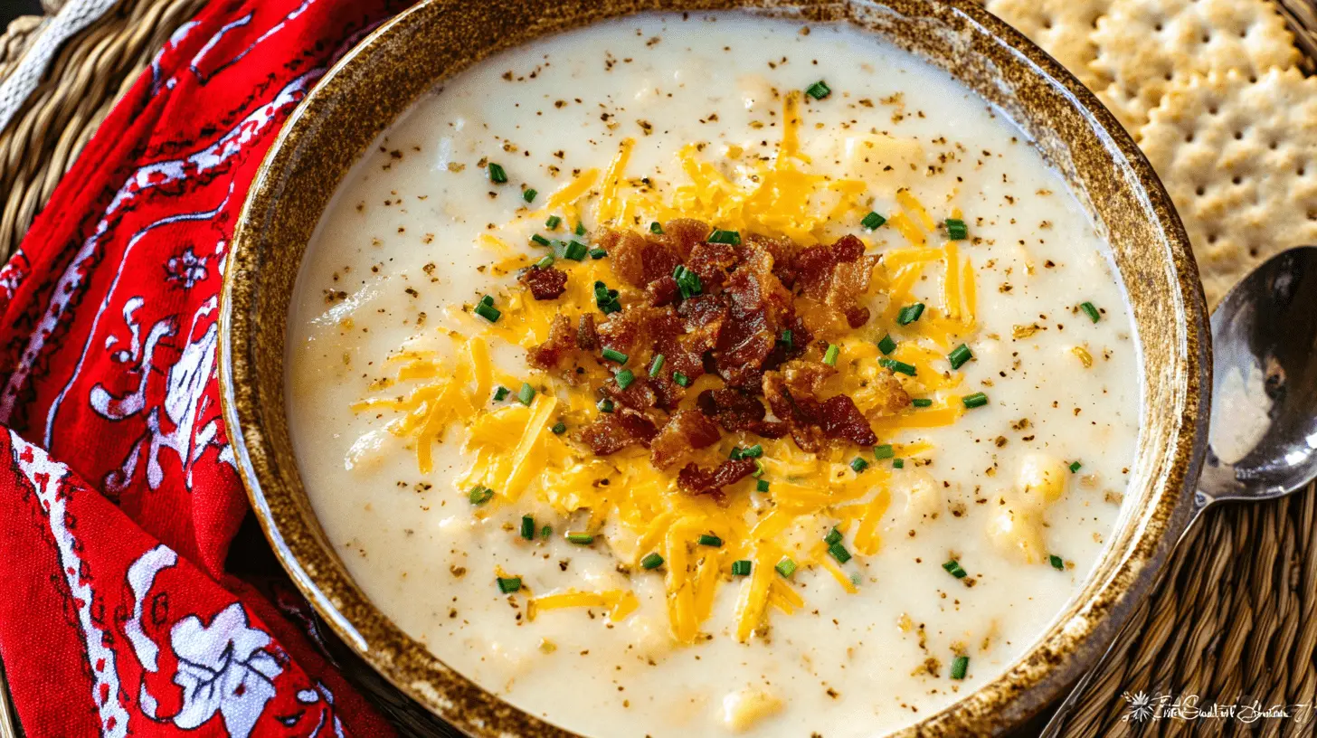 Overhead view of a creamy, loaded crockpot potato soup garnished with cheese, bacon, and chives.
