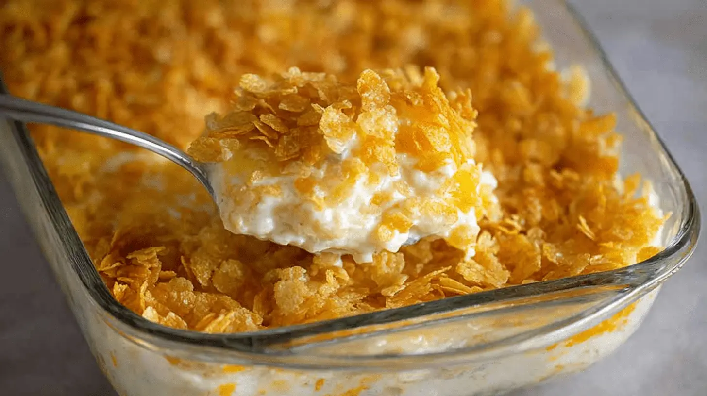 Close-up of creamy funeral potatoes with a golden, crunchy topping being served from a glass baking dish.