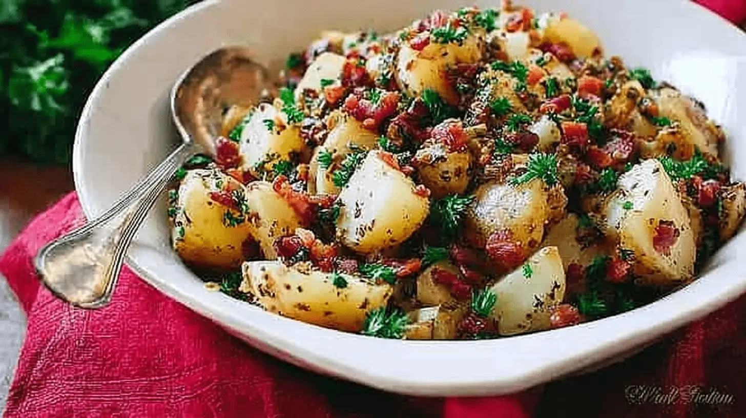 Appetizing close-up of warm German potato salad with crispy bacon and fresh herbs in a white bowl.