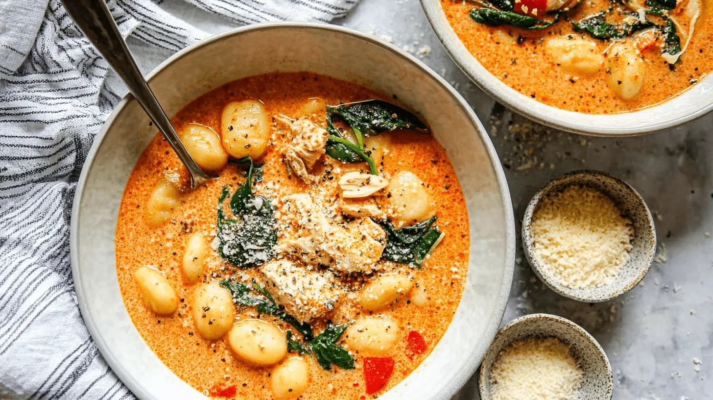 Overhead view of a hearty, creamy marry me chicken soup with gnocchi, spinach, and shredded chicken, topped with Parmesan cheese and black pepper, served in a rustic setting.