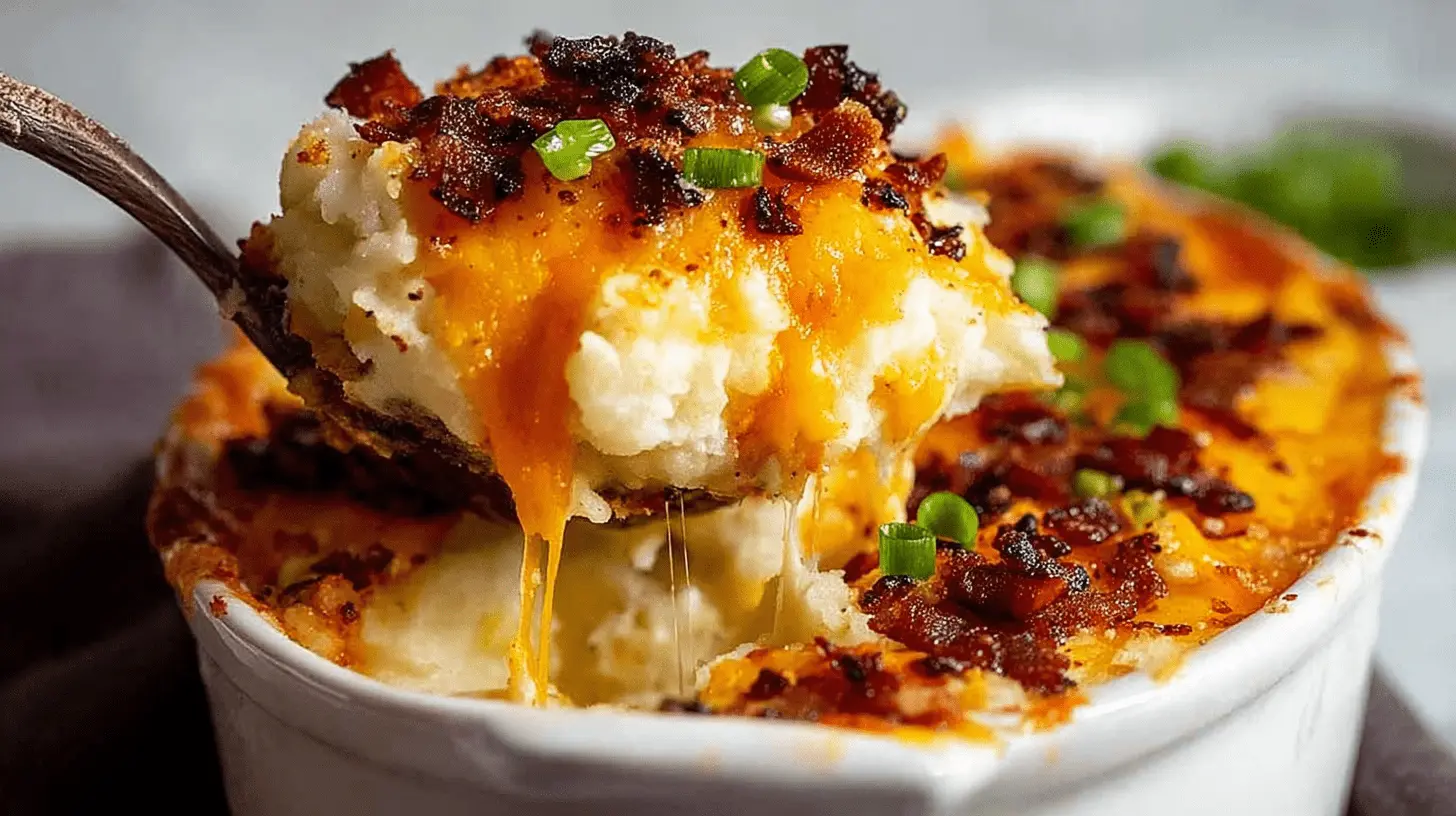 A spoon scoops a serving of creamy, cheesy mashed potato casserole topped with crispy bacon and green onions from a white baking dish.