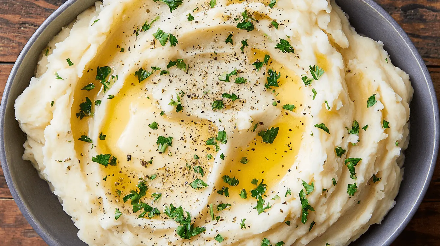 Creamy mashed potatoes recipe garnished with melted butter, fresh parsley, and black pepper in a dark bowl on a wooden surface.
