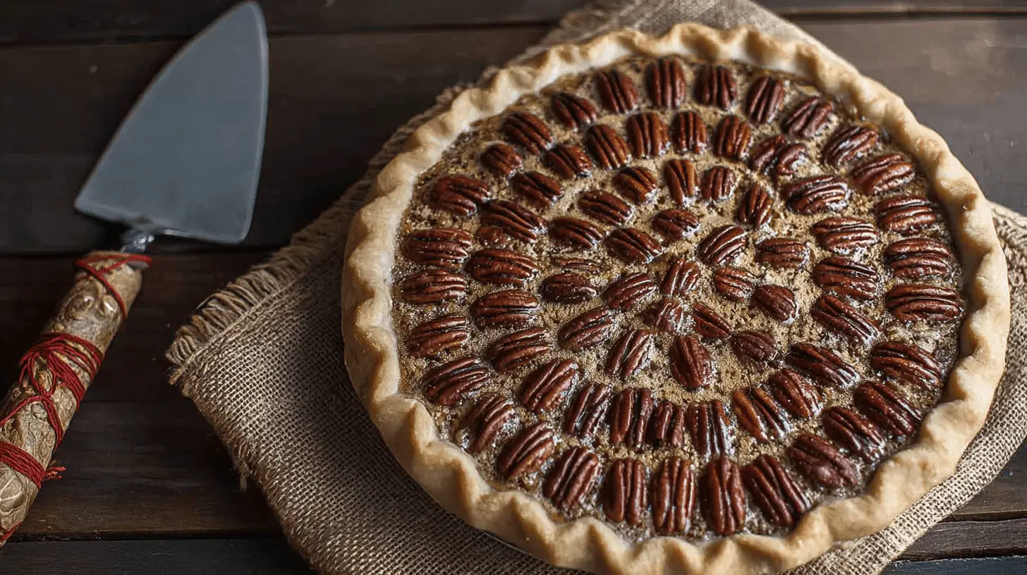Delicious homemade pecan pie with a flaky crust, rich filling, and artfully arranged pecans, presented with a rustic server. Perfect for any pecan pie recipe.