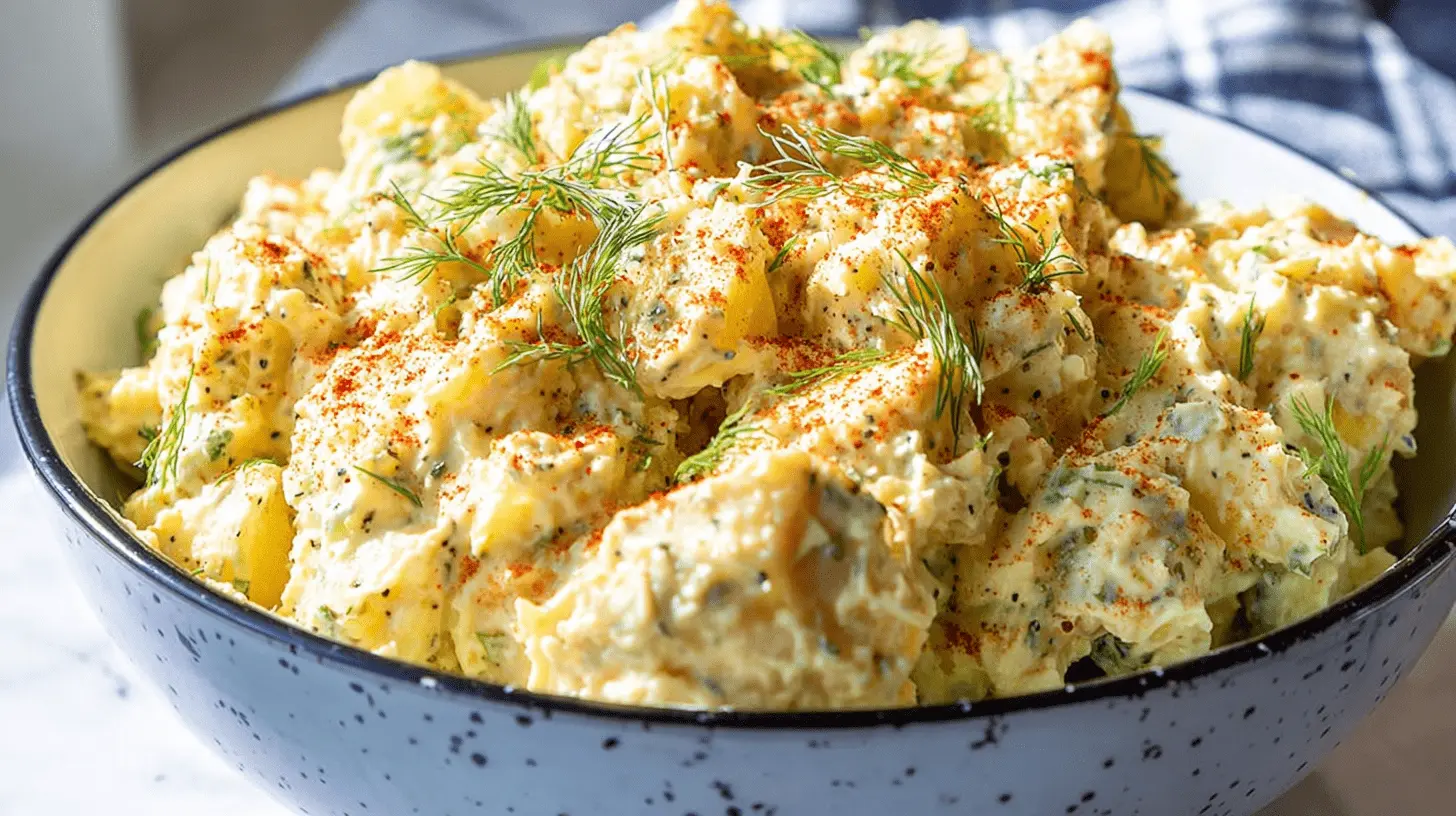 Home page 2 Creamy potato salad garnished with fresh dill and paprika in a rustic bowl.