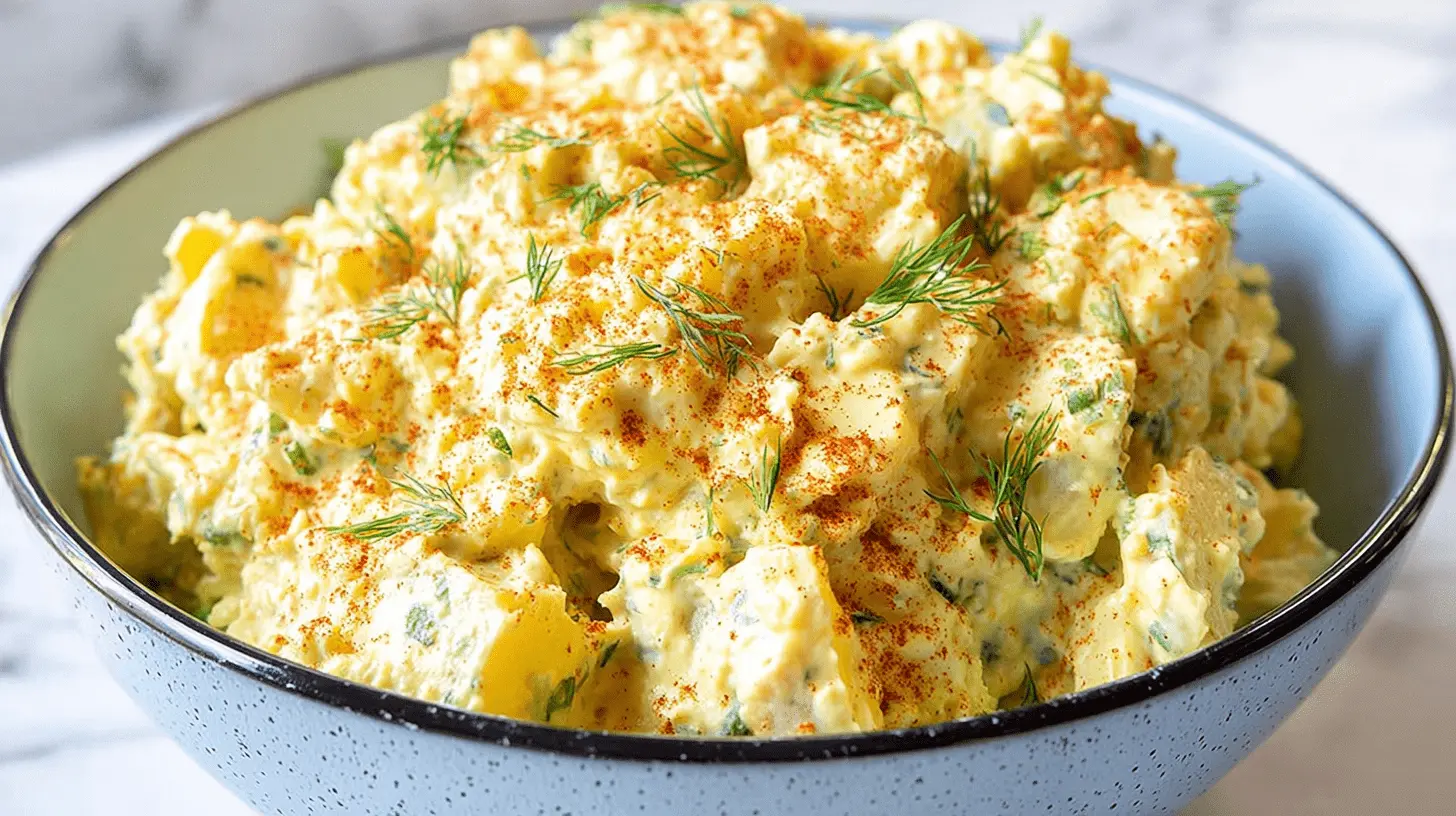 Close-up of a creamy classic potato salad recipe garnished with paprika and fresh dill in a blue bowl.