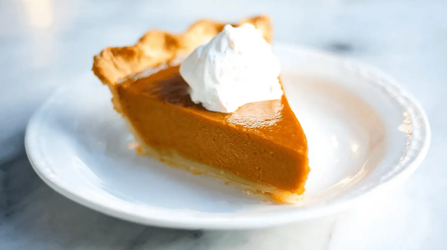 A delectable slice of homemade pumpkin pie, topped with whipped cream, ready to inspire your next pumpkin pie recipe.