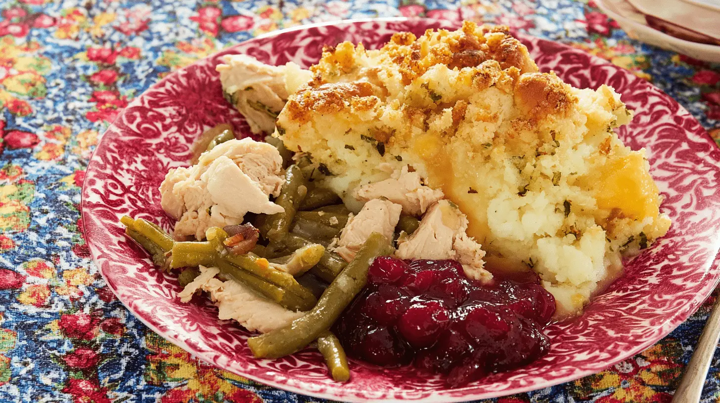 A close-up of a festive plate featuring a golden-brown portion of The Ultimate Thanksgiving Leftover Casserole with turkey, green beans, and whole-berry cranberry sauce on a colorful tablecloth.