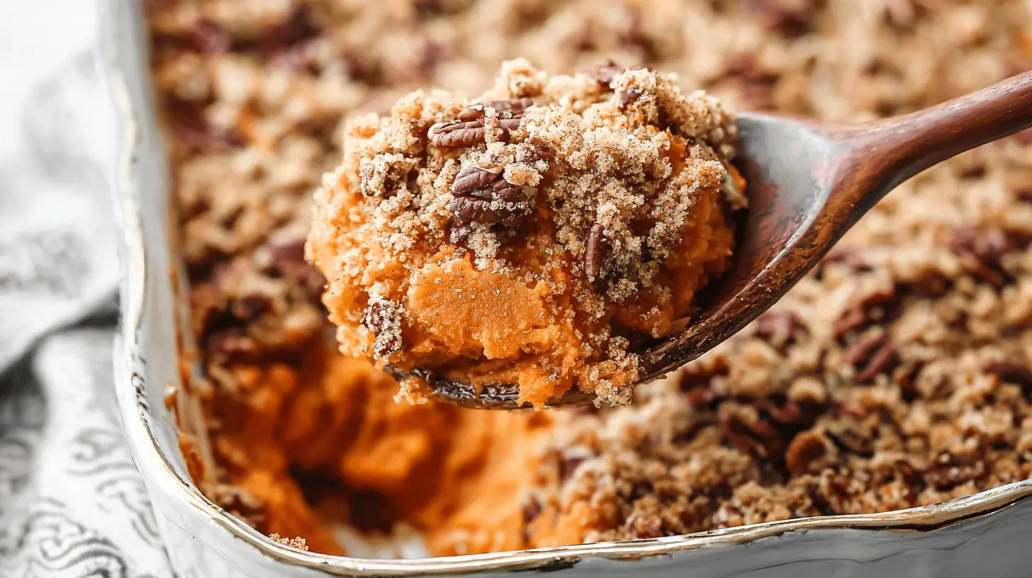 Close-up of a warm sweet potato casserole with a golden streusel and pecan topping being served.