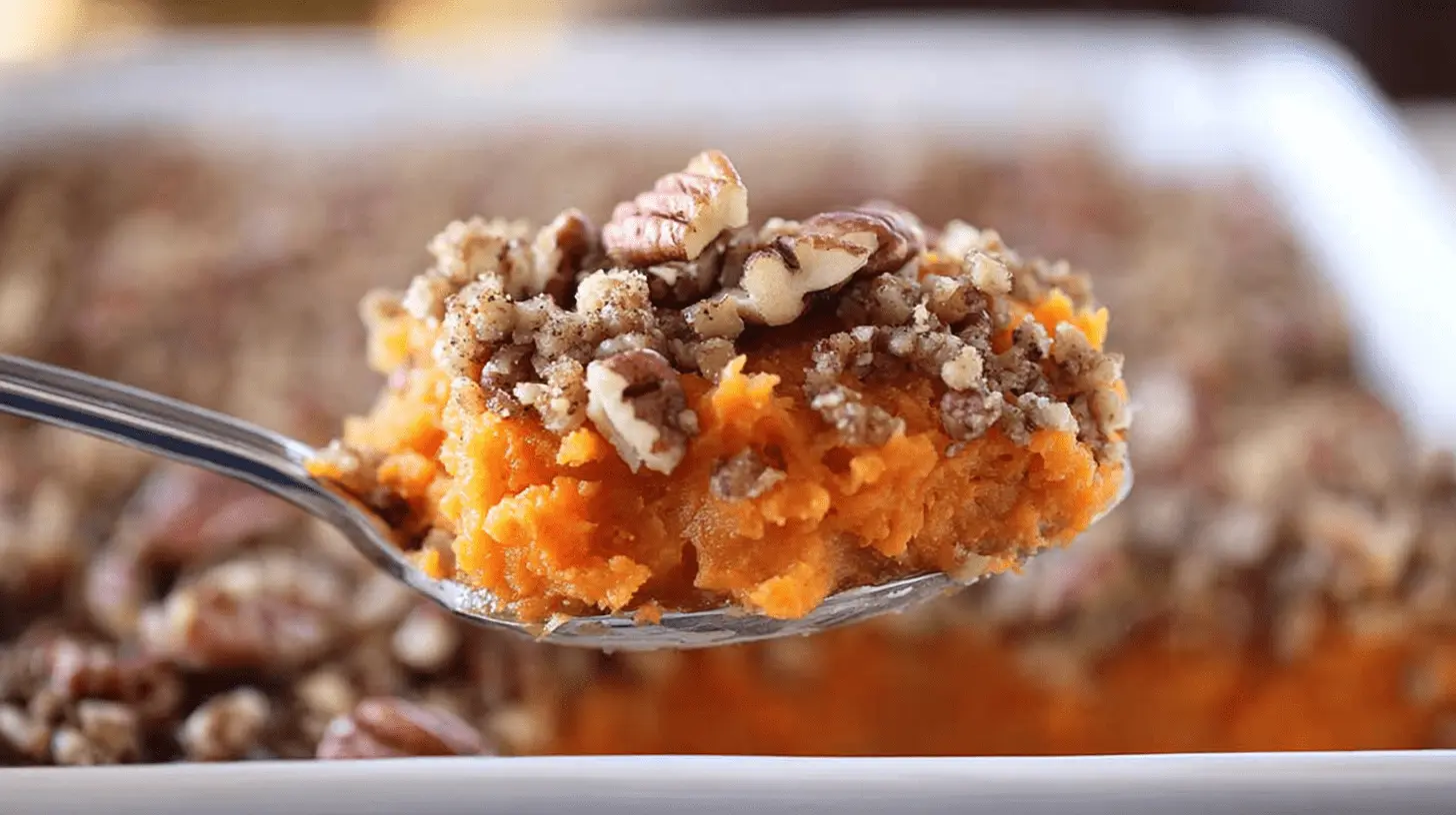 Close-up of a serving of sweet potato casserole with pecans on a silver spoon, highlighting the creamy texture and crunchy topping.