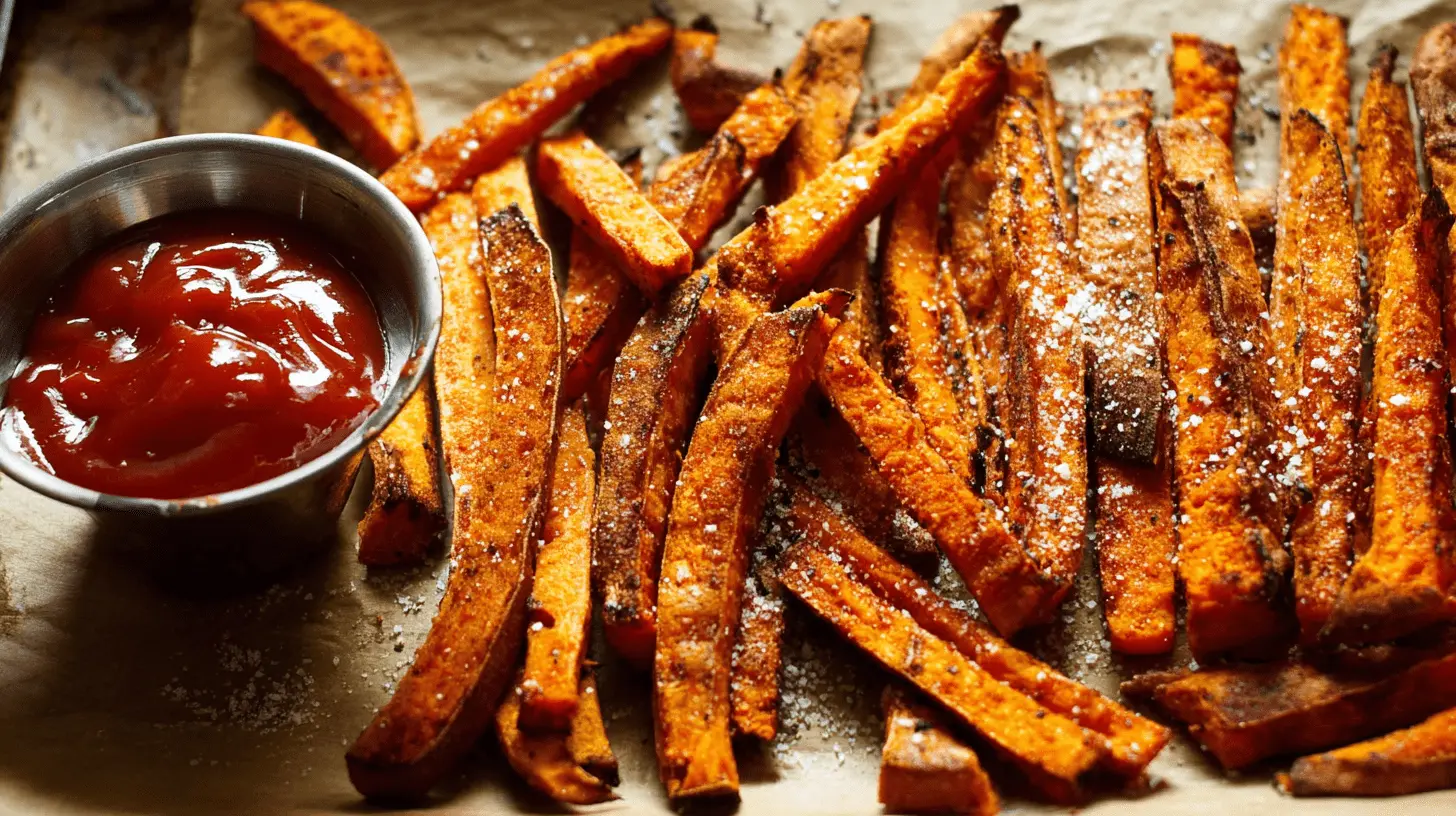 Close-up of crispy, golden sweet potato fries seasoned with sea salt, served with a side of ketchup.