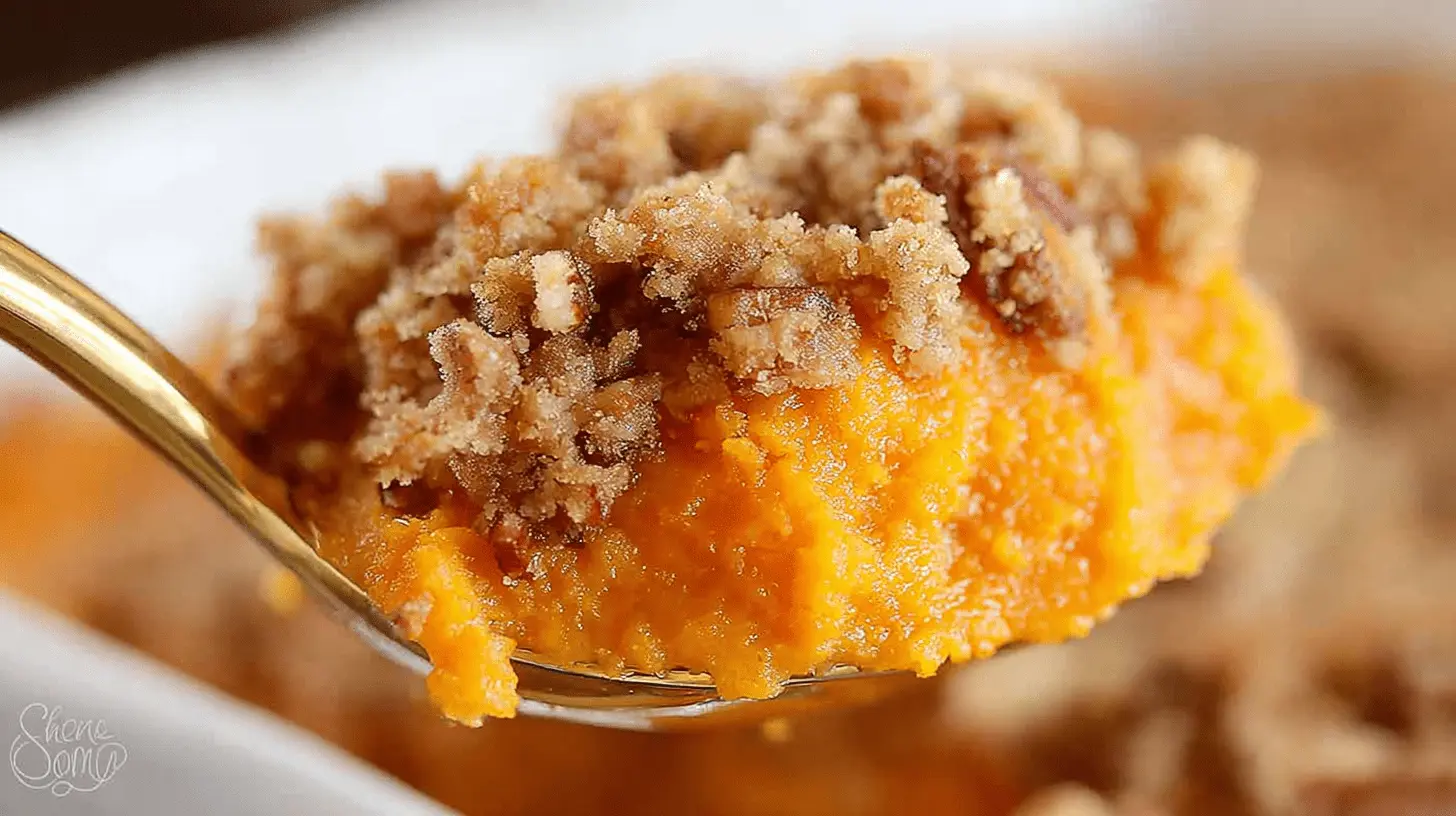 Close-up of a spoonful of creamy sweet potato souffle with a crunchy pecan streusel topping.
