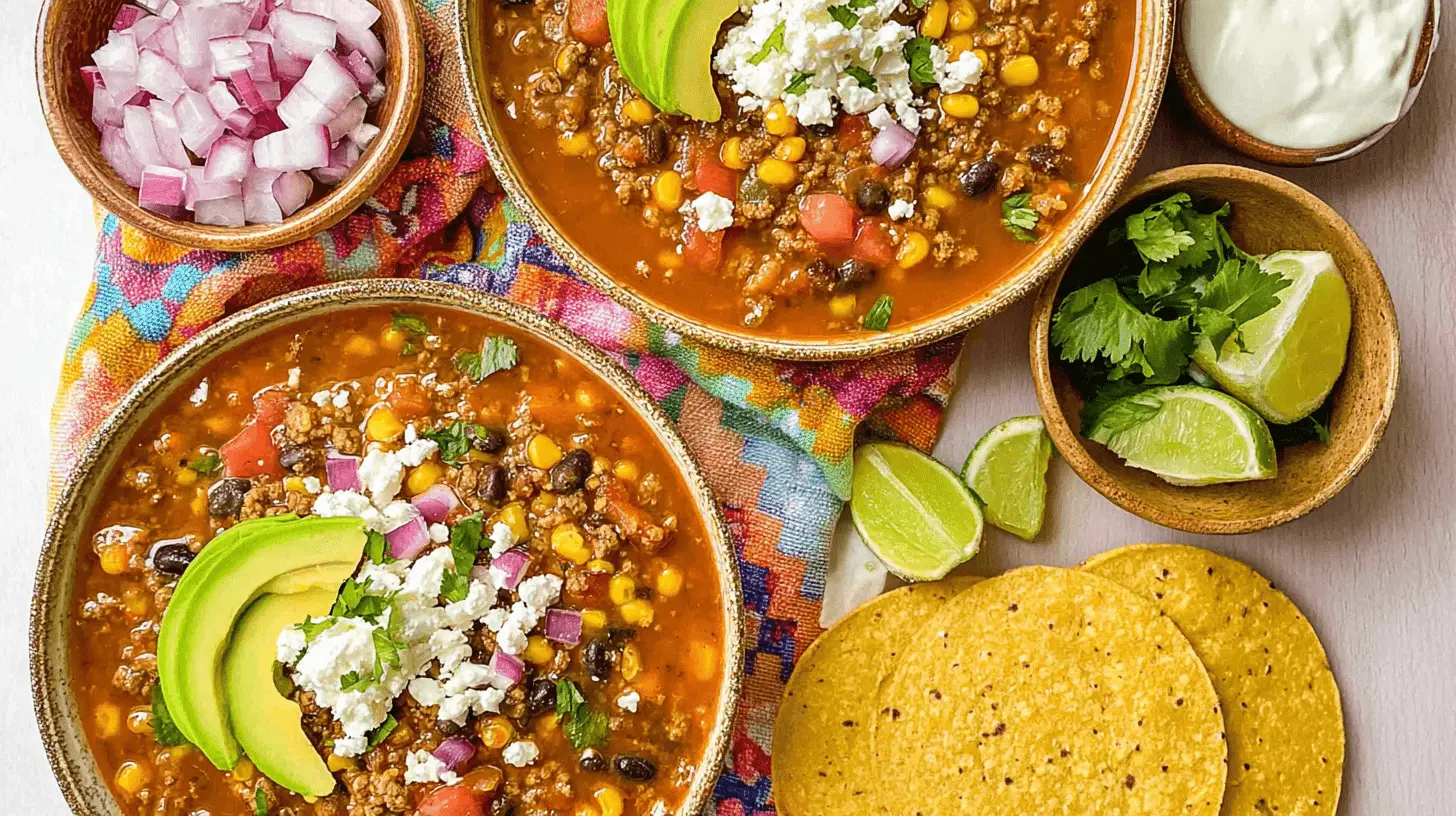 Two vibrant bowls of hearty taco soup recipe, garnished with avocado, cheese, red onion, and cilantro, surrounded by fresh toppings and corn tortillas.