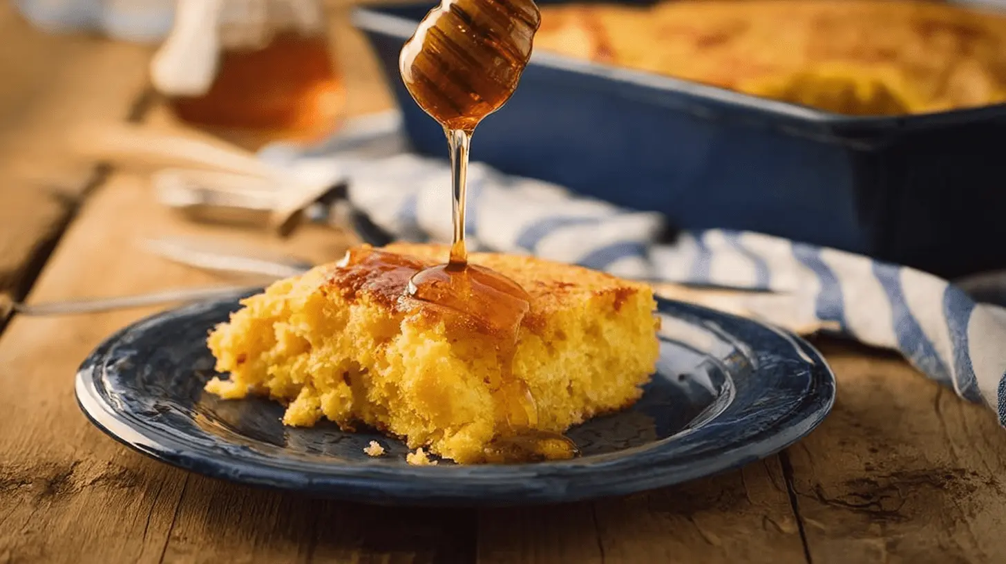 A warm slice of thanksgiving cornbread casserole being drizzled with golden honey on a rustic wooden table.