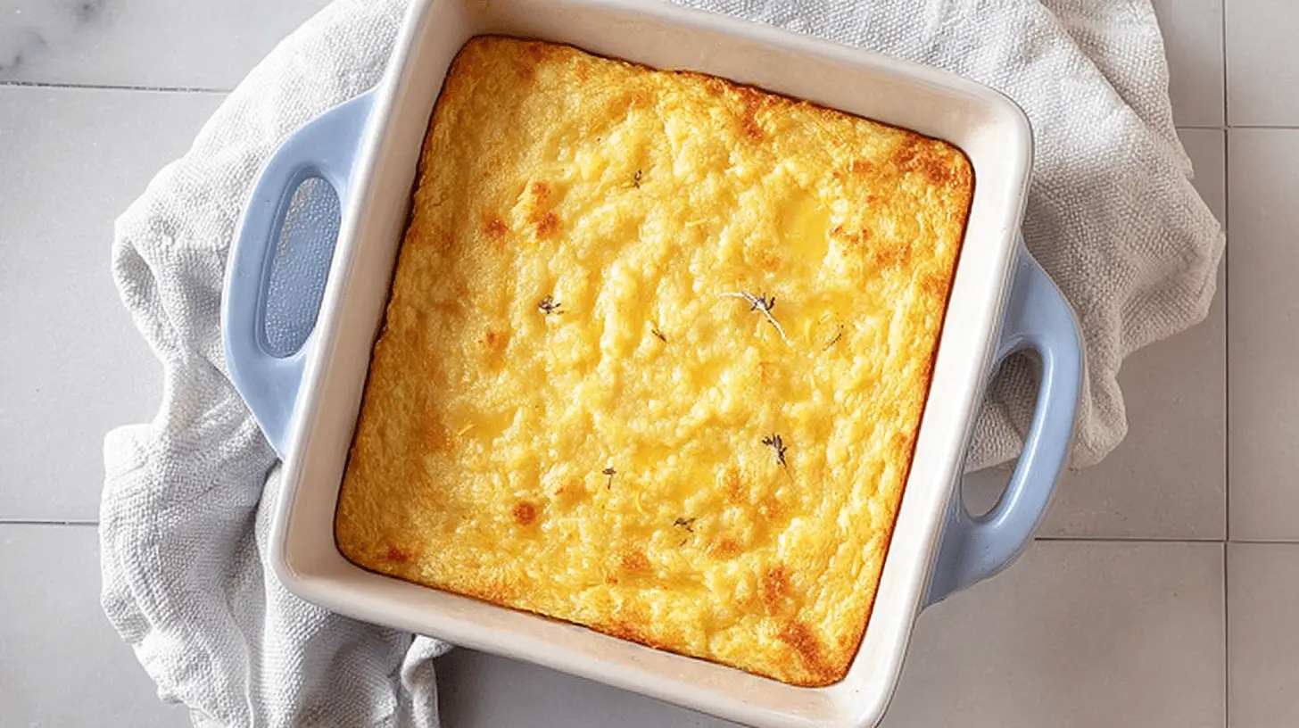 Golden-brown baked gratin, a delicious take on Thanksgiving mashed potatoes, in a decorative blue and white dish.