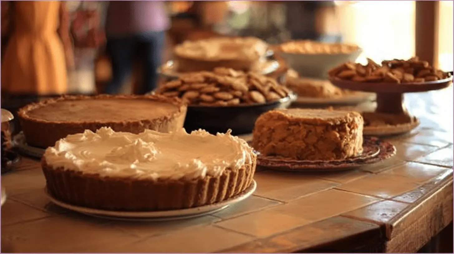 A warm Thanksgiving dessert table featuring a golden-brown pie, reminiscent of a sweet potato pie, alongside other festive baked goods.