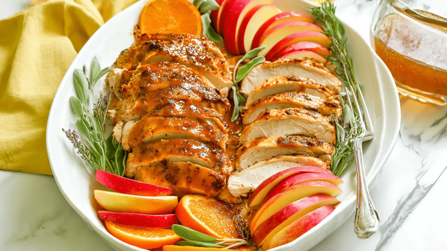 Beautifully sliced and garnished thanksgiving turkey breast recipe on a platter, ready for a holiday feast.