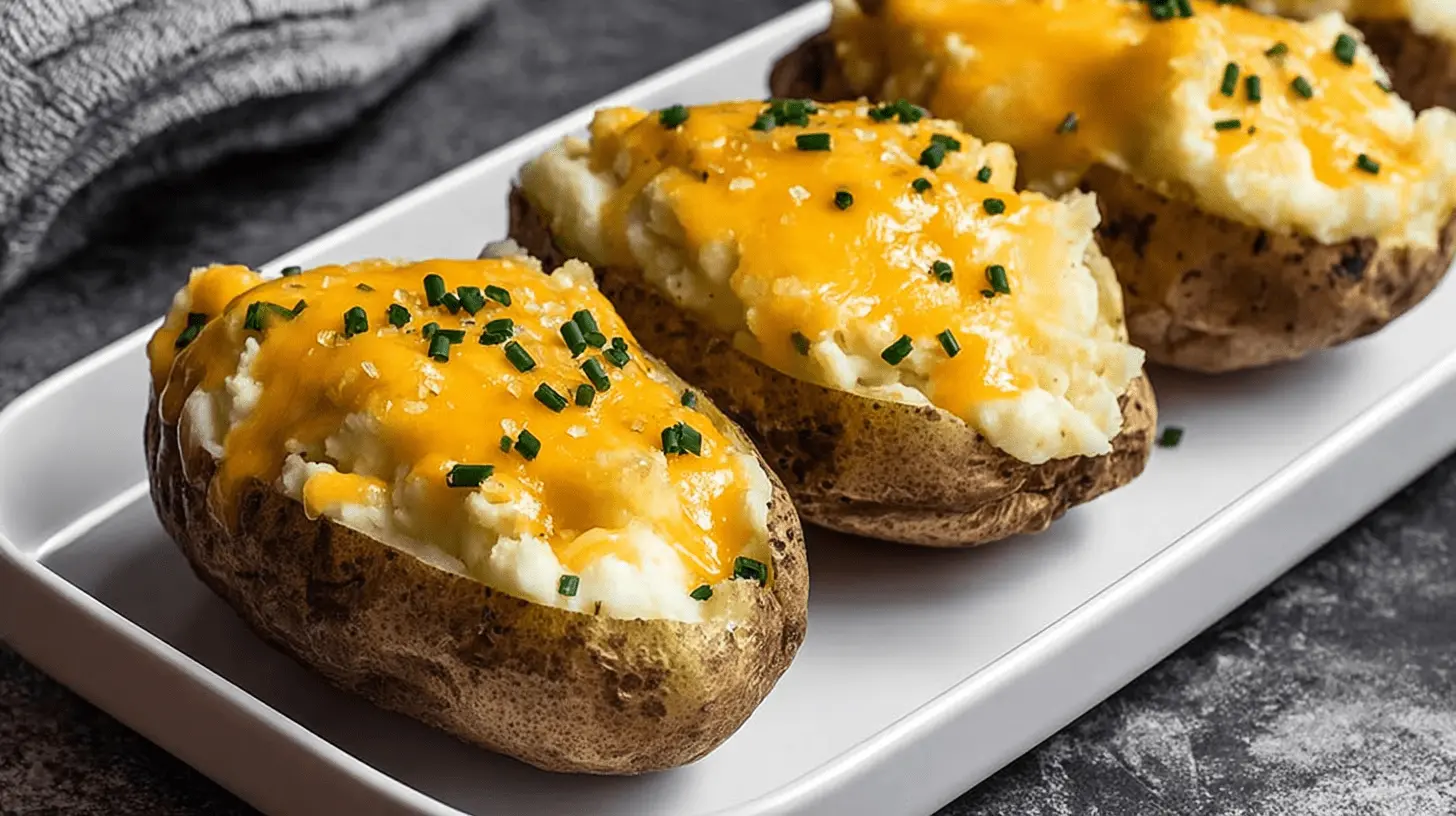 Close-up of three appetizing, loaded twice baked potatoes with cheese and chives on a white platter.